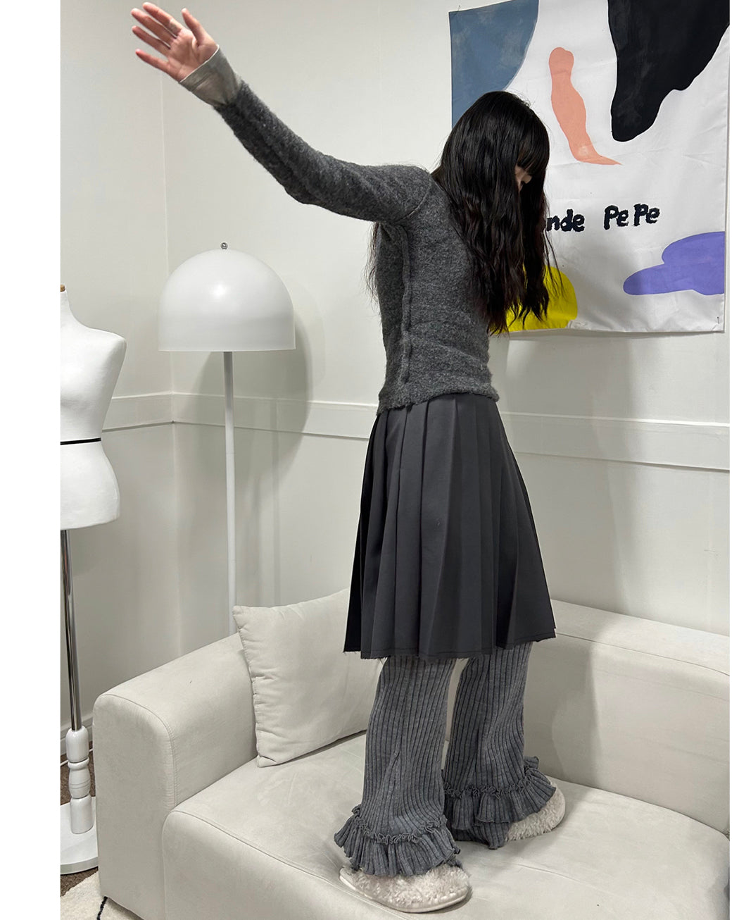 Simple Sunken Stripe Knitted Pleated Layers Of Lace Slim Fit Slimming Bootcut Pants