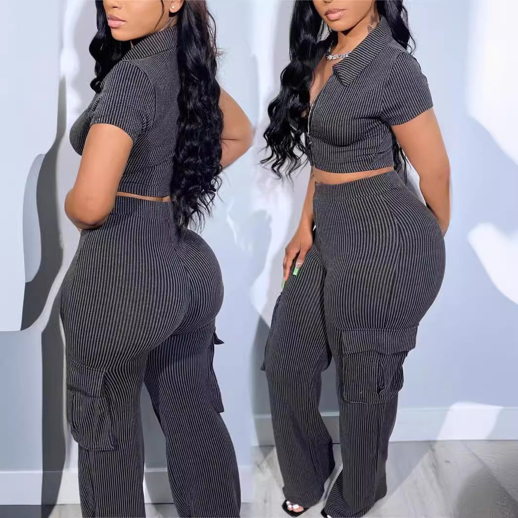 Zip-up Top With Multiple Pockets And Long Pants Casual Solid-color Two-piece Set