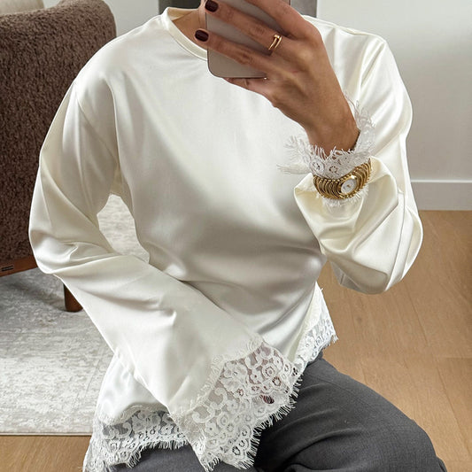 Casual Solid Color Lace Patchwork Top