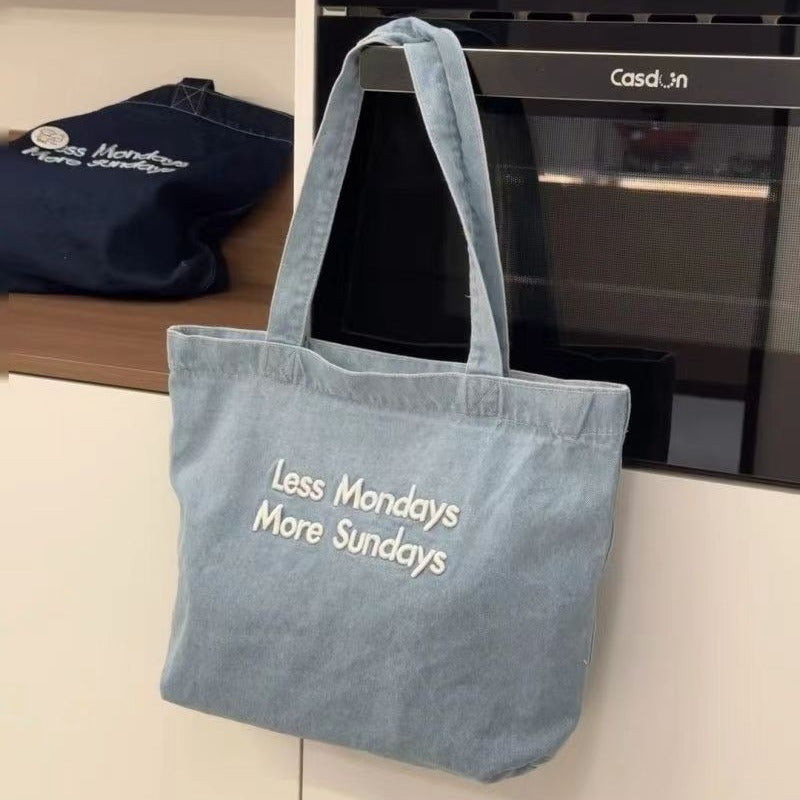 Embroidered Jean Bag Fashion All-match Class Commuter Bag Retro American Shoulder Hand-held Tote