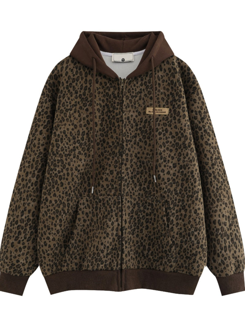 Retro Leopard-Print Zip-Up Hooded Cardigan Sweater High-Street Style Loose-Fit Casual Outerwear Top