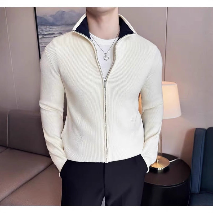 Cardigan Striped Thick Knitwear Autumn Winter Trend Slim Stand Collar Coat
