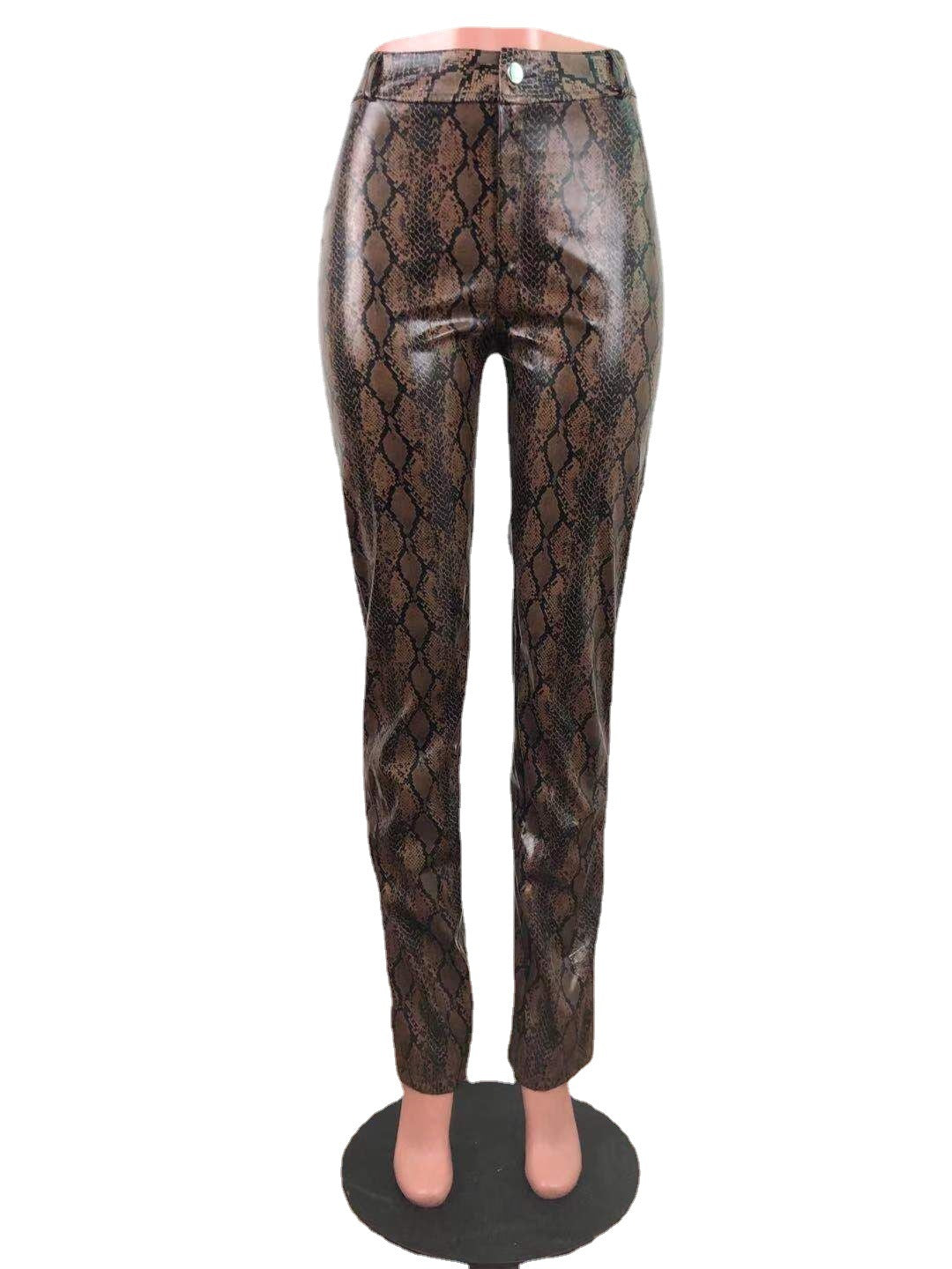 Printed Snake Print Stretch Leather Pants Women'S Wide-Leg Pants