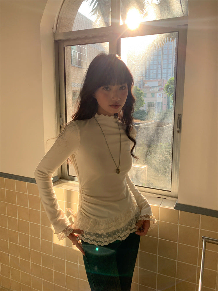 Fashion Slim Fit Lace Trim Long Sleeve T-Shirt Women