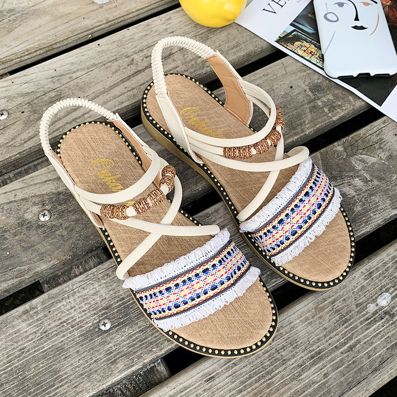 Flat Sandals, All-match One-word Buckle Strap, Fairy Ethnic Style Slope With Roman Sandals