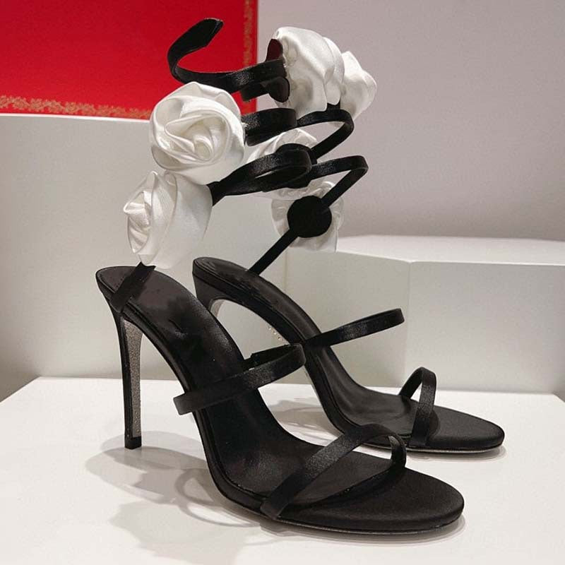 Snøre Stilethæl Rund Tå Blomsterudsmykkede Damesandaler