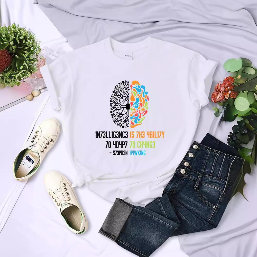 Round Neck Printed T-shirt Top Women's Breathable Short Sleeve