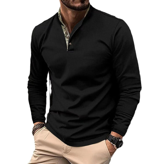 Polo T-shirt til mænd med dobbeltlagskrave, moderigtig vaflet langærmet overdel