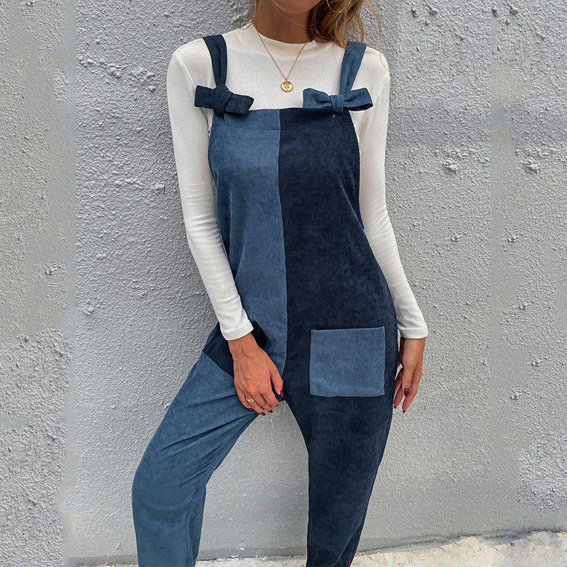 Two-color Stitching Casual Symmetrical Straps Long Ladies Jumpsuit