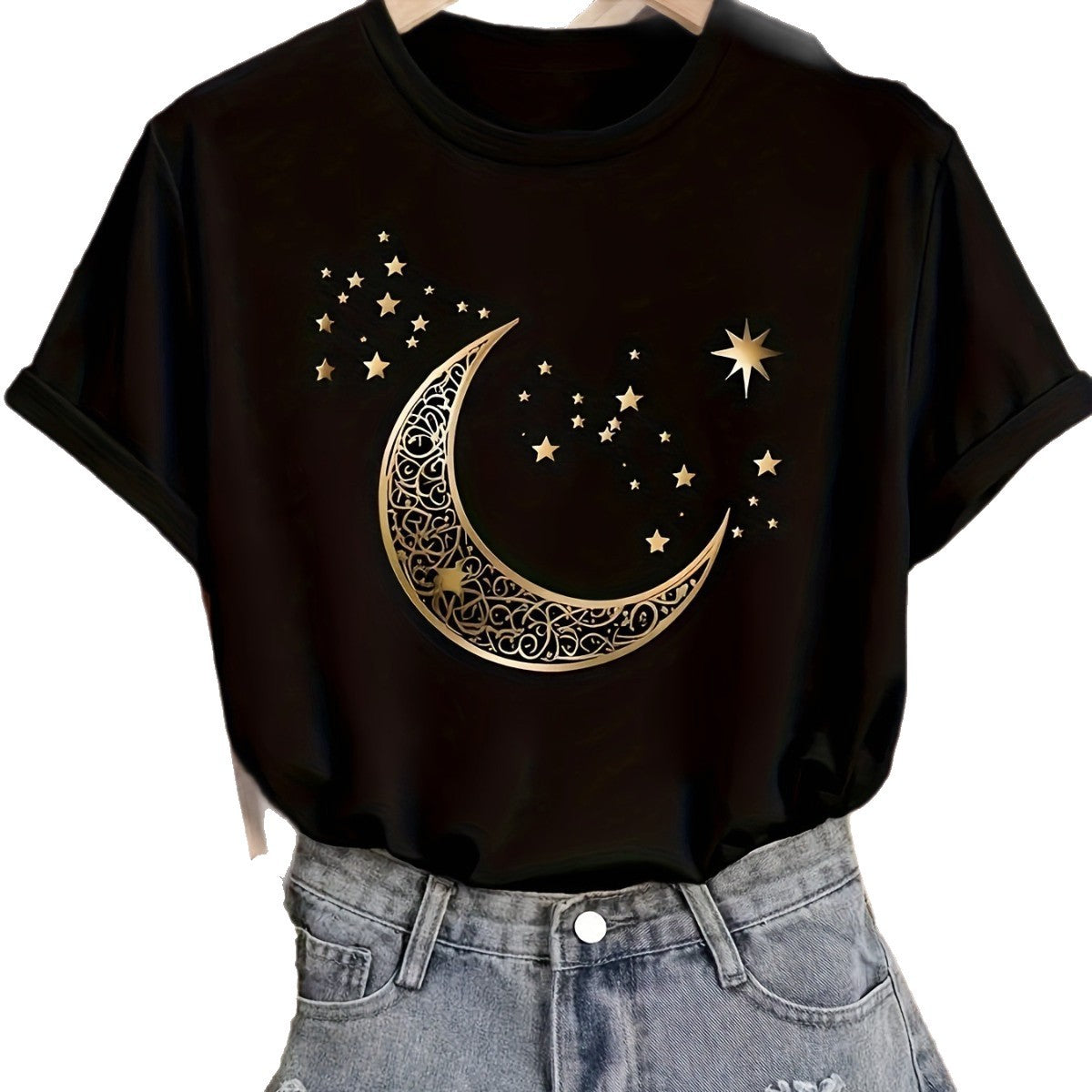Fashionable Womens Short-sleeve Top With A Moon Print