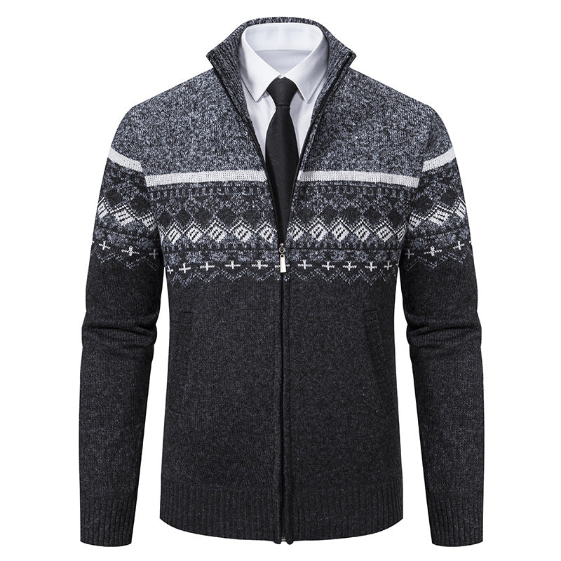 Men's Casual Stand-collar Sweater Coat With Fleece Lining And Color-blocking Design