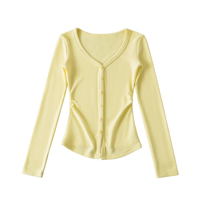 Macaron-colored V-neck Button-front Waist-cinching Top With Long Sleeves