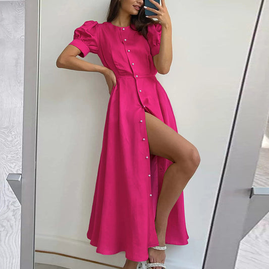 Solid-color Sophisticated High-waisted Shirt-style Split Dress