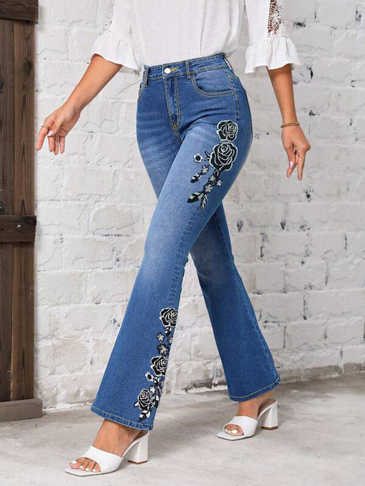 Dame Moderigtige Jeans med Blomsterbroderi og Svaj