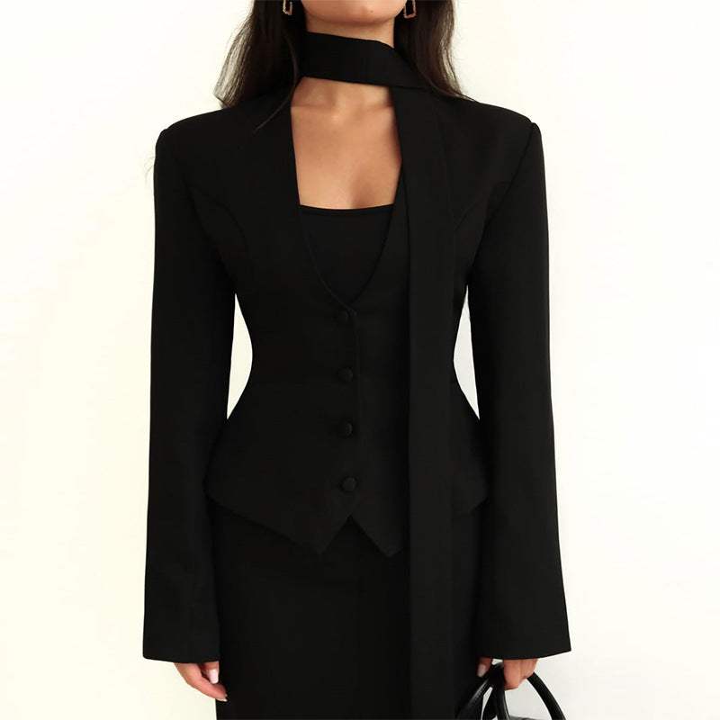 Solid Color And V-neck Scarf Decoration Long Sleeve Suit Coat