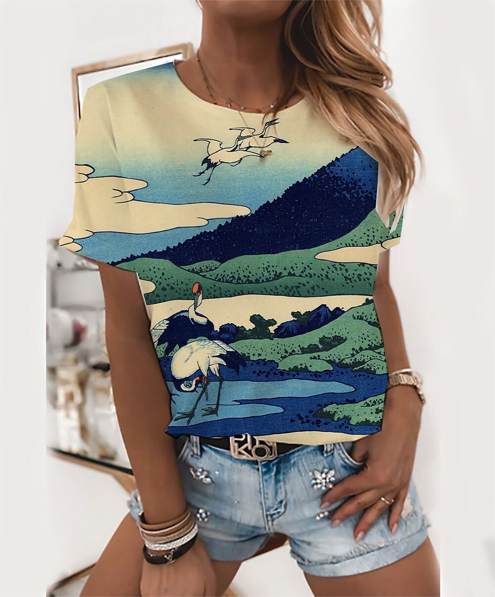 Peacock Landscape Printing Casual Short-sleeved Round Neck T-shirt