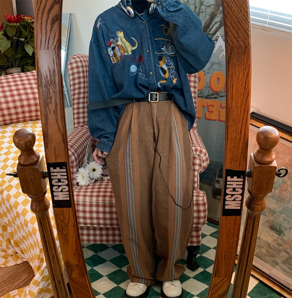 Women's Cat Embroidered Retro Denim Shirt Coat