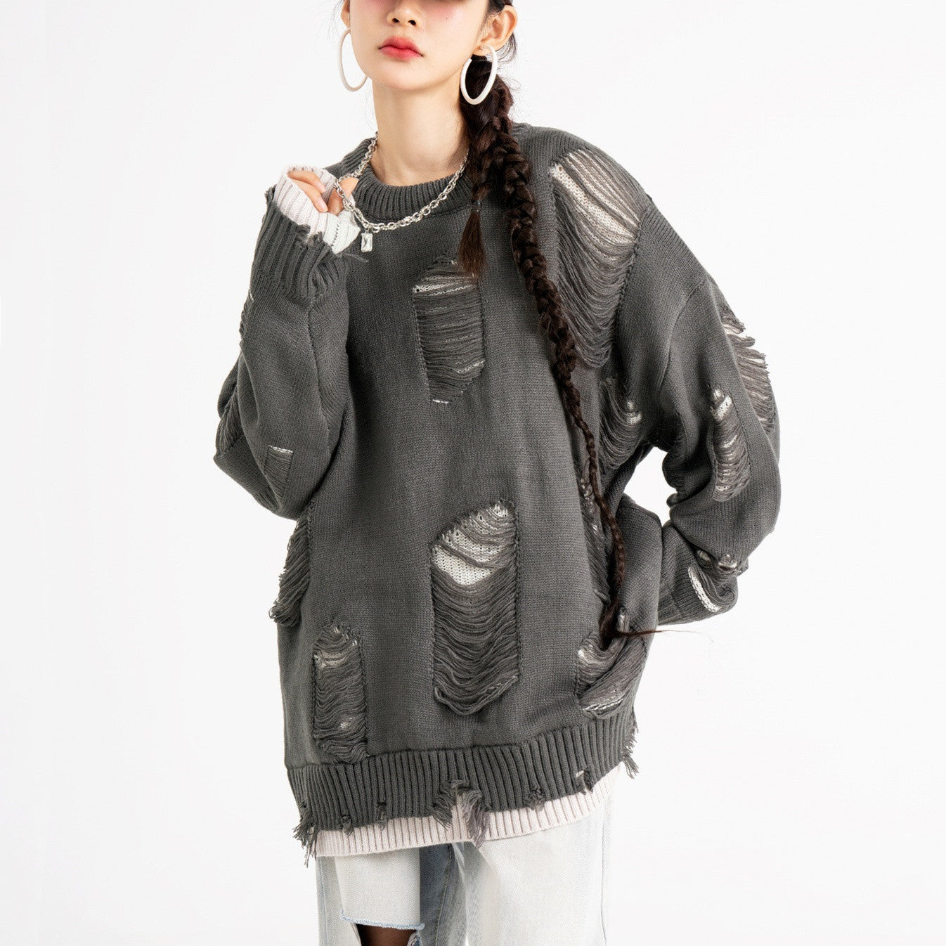 Fake Two-piece Hole Oversize Design Sense Idle Style Couple Sweater