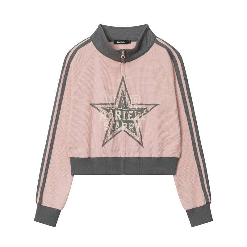 Five-pointed Star Pink American Retro Three-bar Sleeve Cardigan Stand Collar Sweater