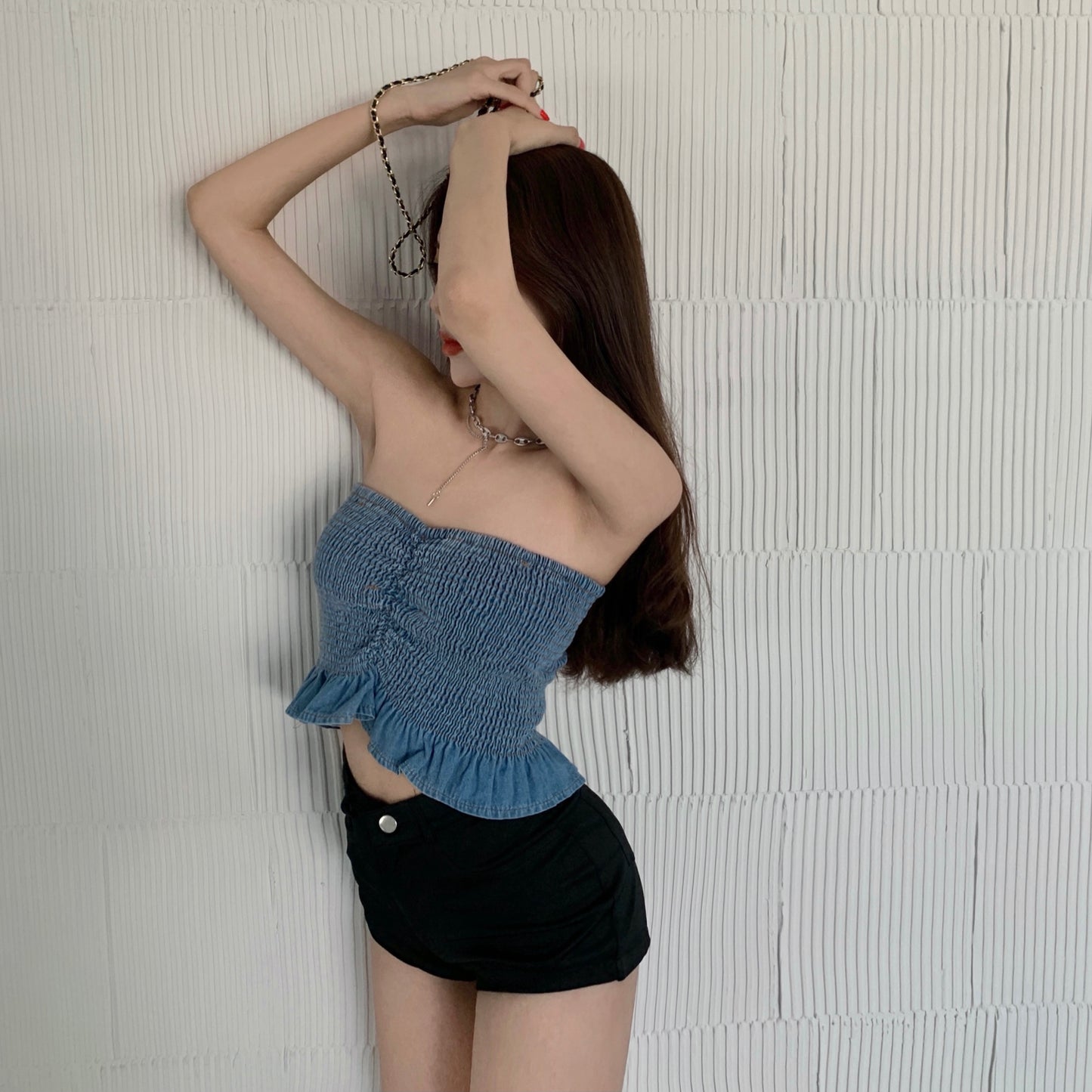 Women's Summer Wear Tight Denim Pleated Bodice Top