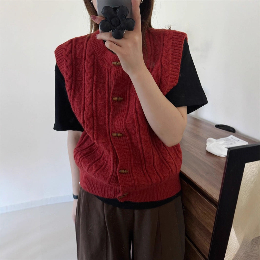 Round Neck Horn Button Knitted Cardigan Vest