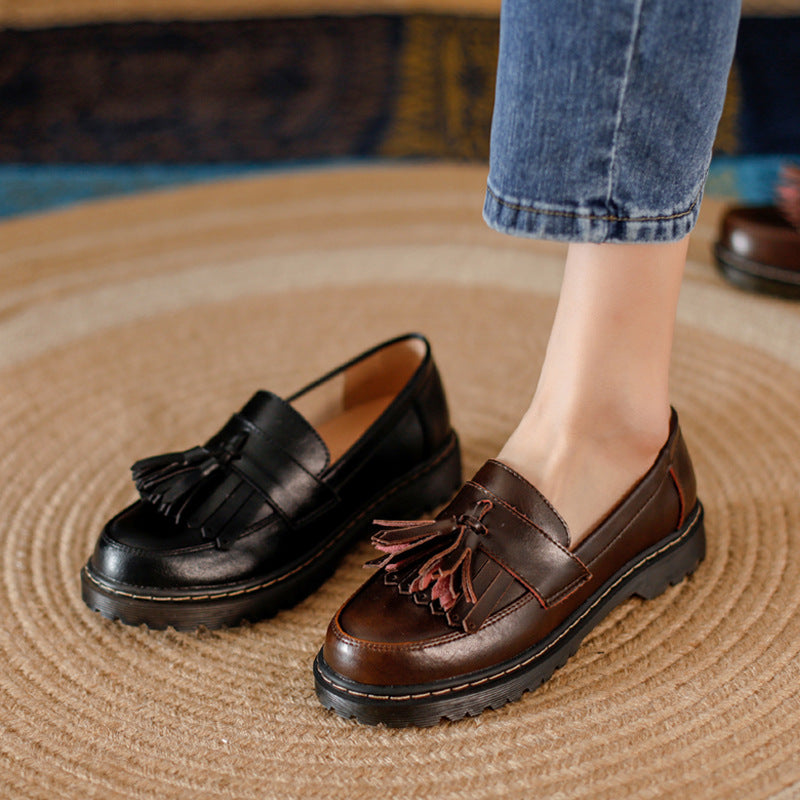 Tassel Retro Girls Artistic College Chunky Heel Loafers Leather Shoes