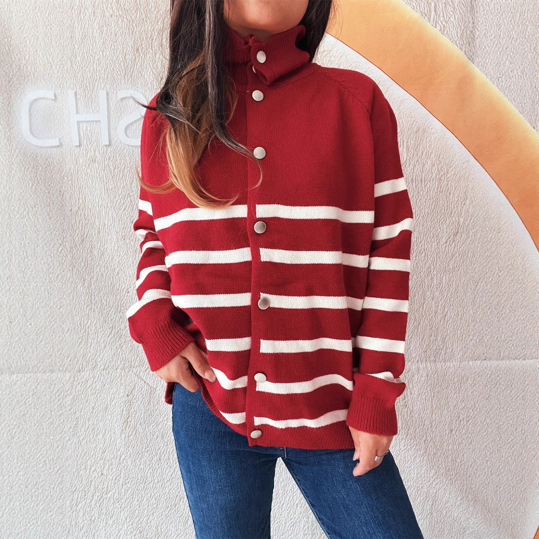 Fashion Loose Button Casual Contrast Color Striped Knitted Sweater