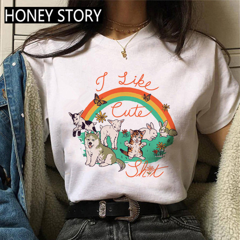 Kitten Print Round Neck Women's Loose Short Sleeve T-shirt