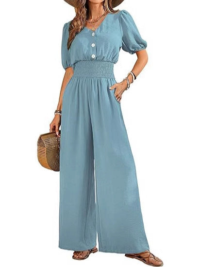 Womens Solid-Color Short-Sleeve Lapel Waist-Cinched Jumpsuit