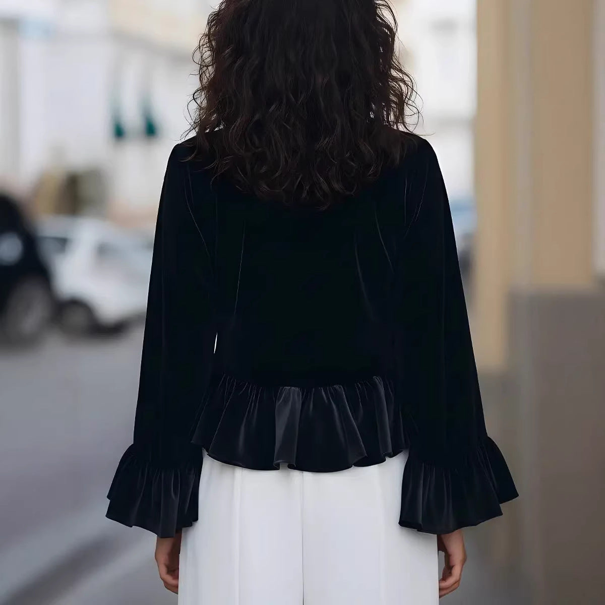 Womens Solid-Color Long-Sleeve Crew-Neck Ruffle-Trim Sweatshirt Top
