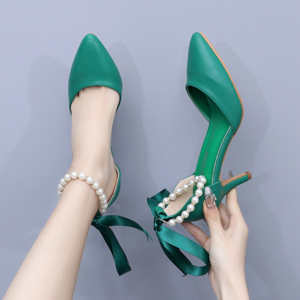 Mid Heel Rhinestone  7cm    Beaded Ribbon Sandals Matte Soft PU Leather Dress Shoes For Women