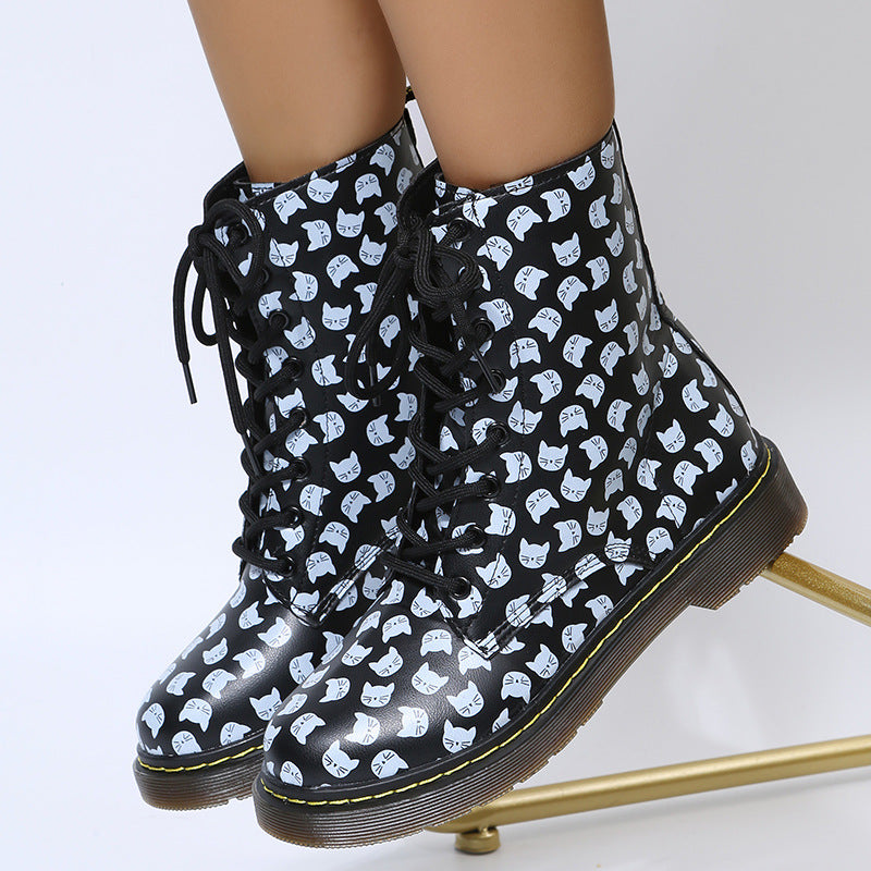Women's Thick Bottom Square Toe Laces Casual Boots