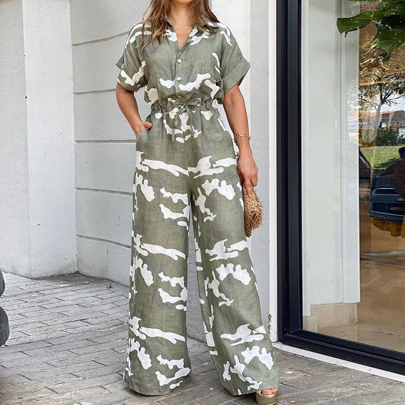 Mode Polo krave, printet, knaplukning, snøredetalje jumpsuit