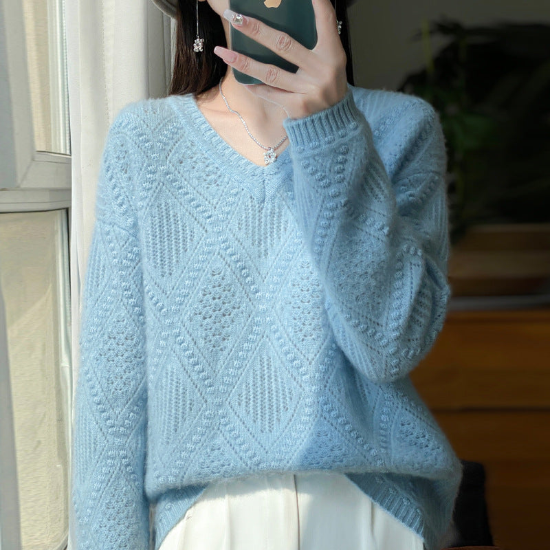 Autumn And Winter New Thickened V-neck Sweater Diamond Twisted Loose
