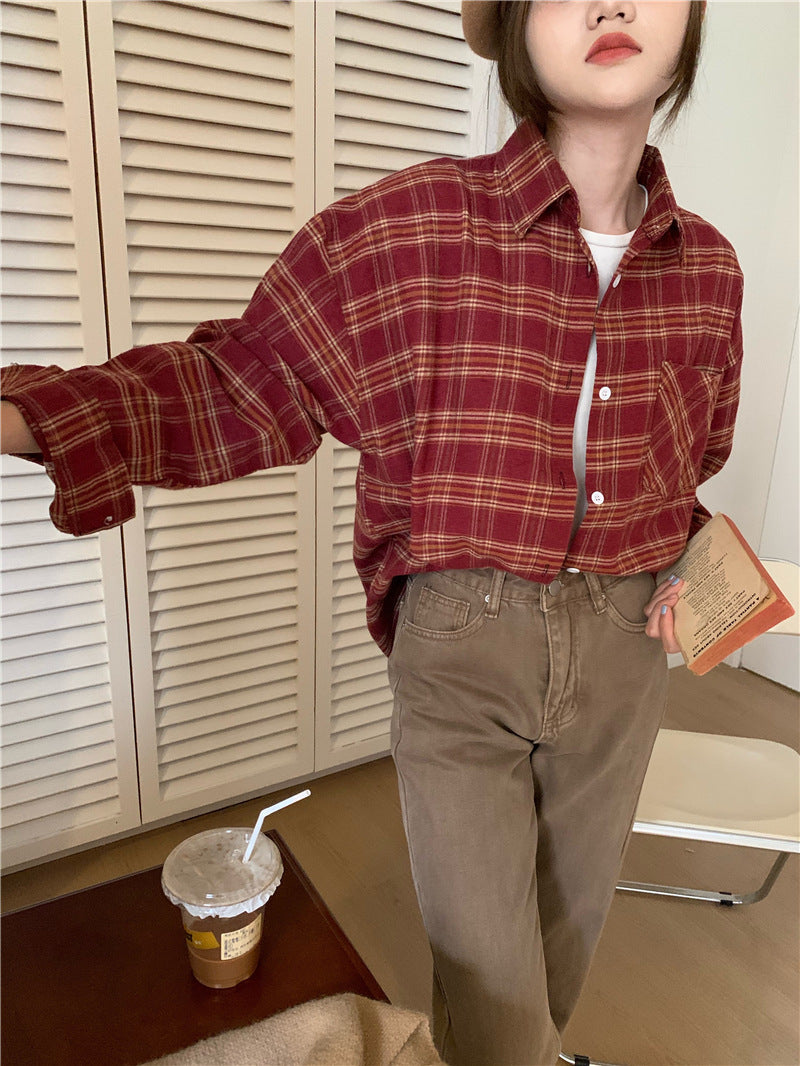 Polo Collar Brushed Shirt Women's Plaid Coat Top