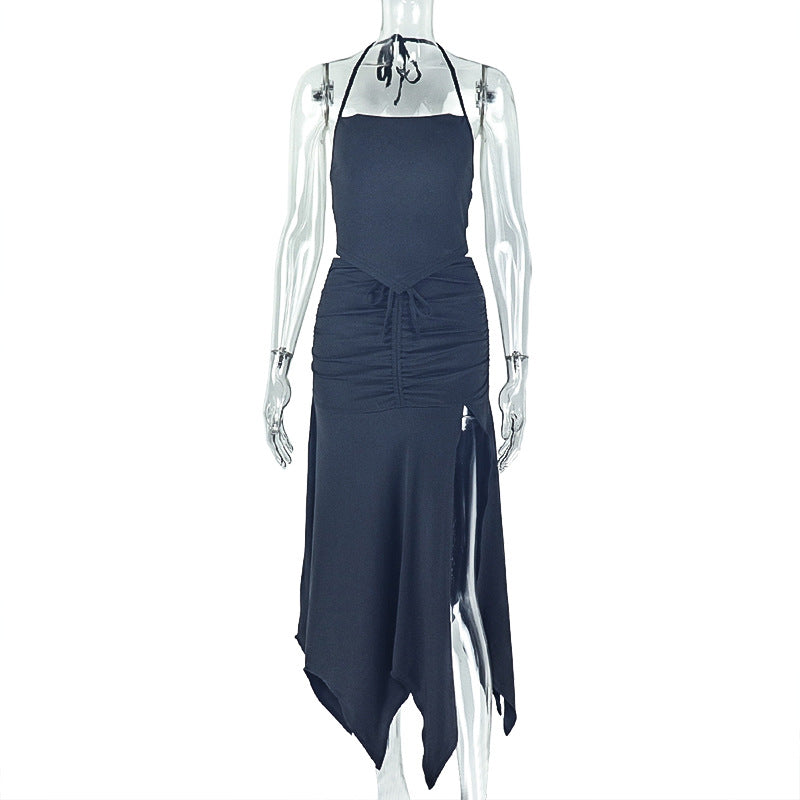 Lace-up Halterneck Personalized Slit Two-piece Set