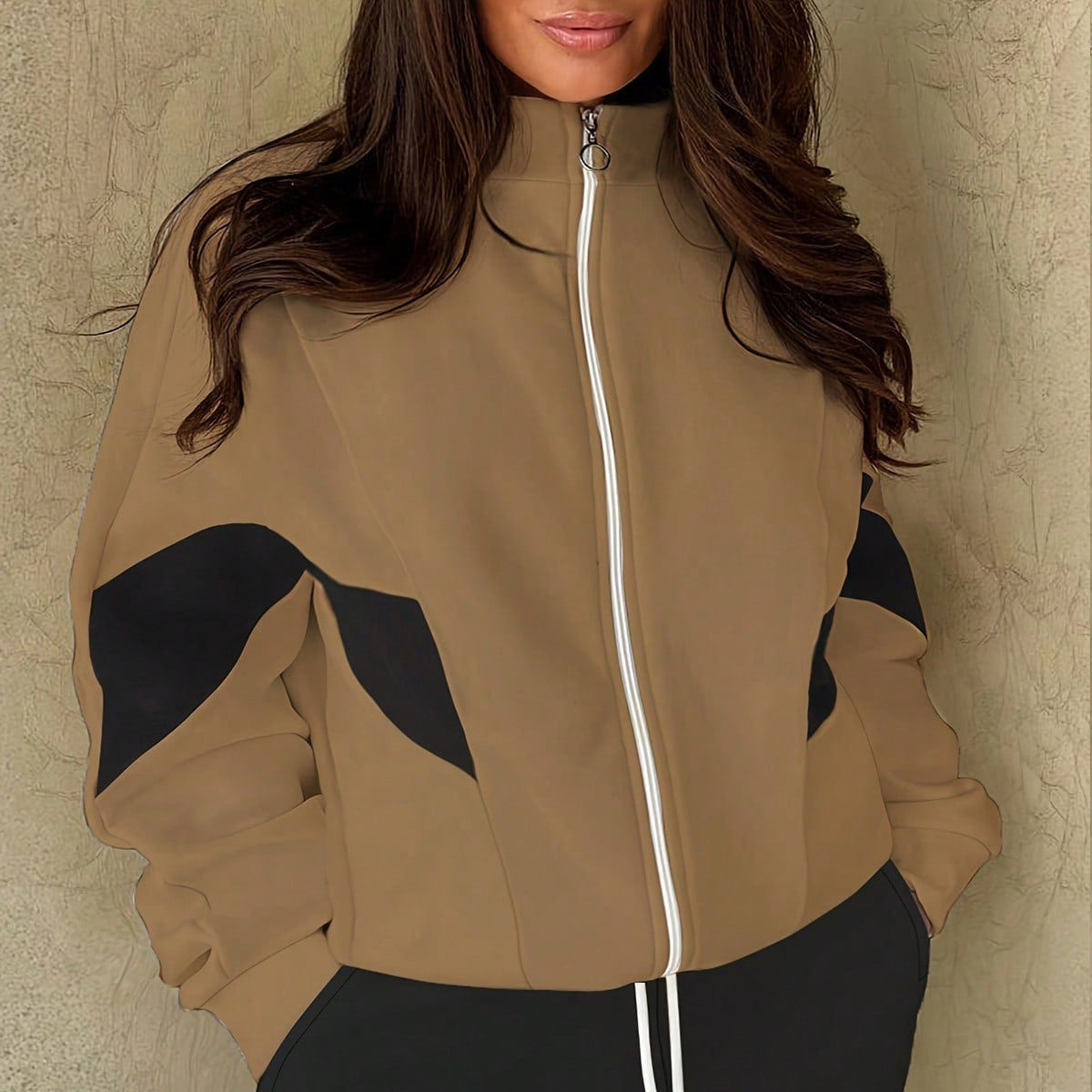 Patchwork High-neck Fleece-lined Thick Casual Sportswear Set