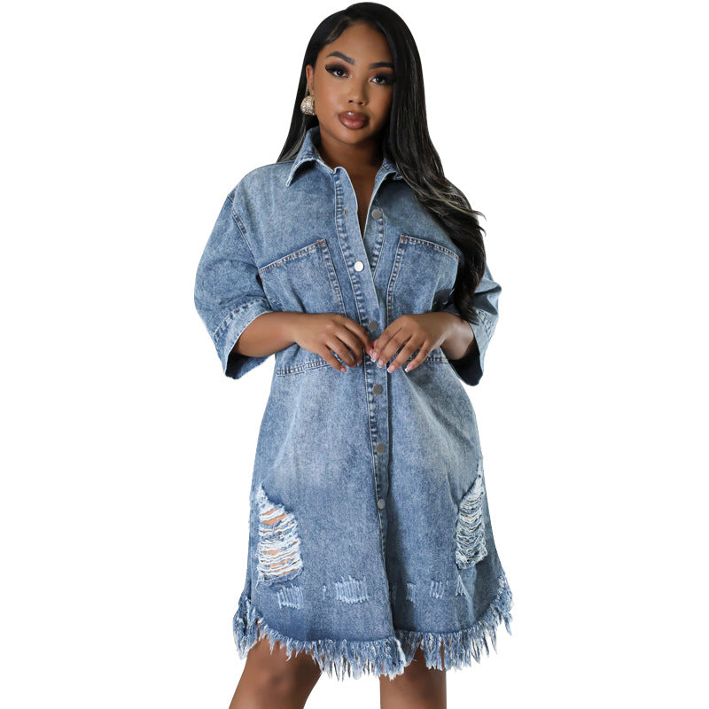 Denim Ripped Fringe Short-Sleeve Lapel Dress