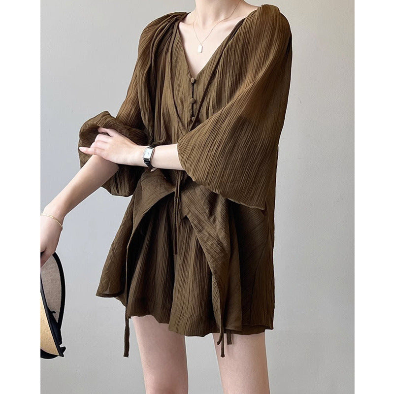 Korean-style V-neck Lace-up Shirt And Wide-leg Shorts Two-piece Set For Women