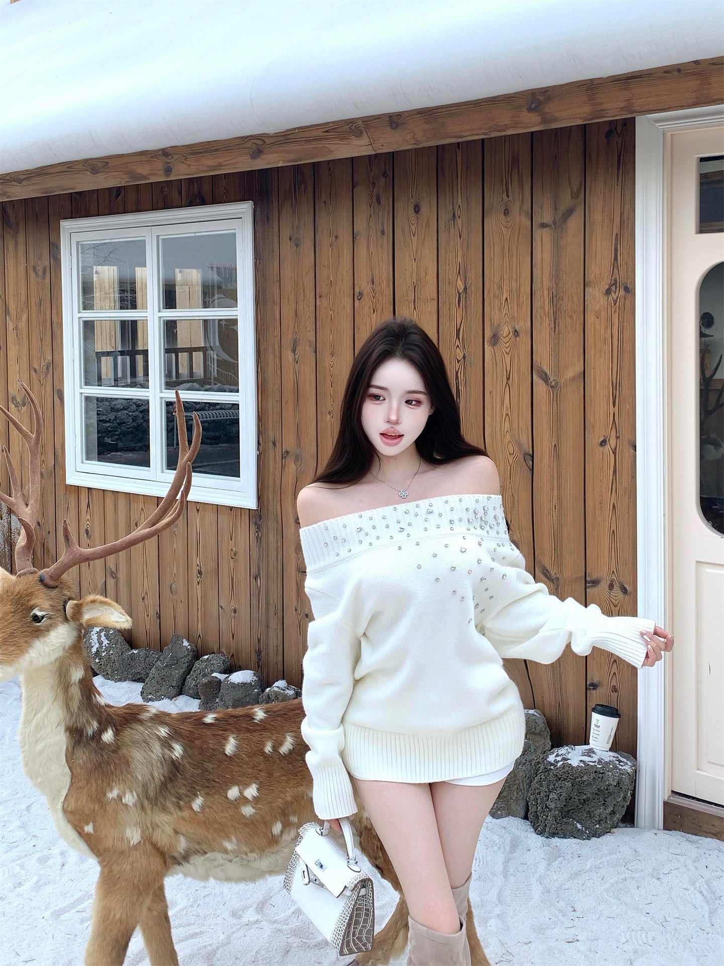 Heavily Embellished With Rhinestones Long-sleeved Pullover Sweater