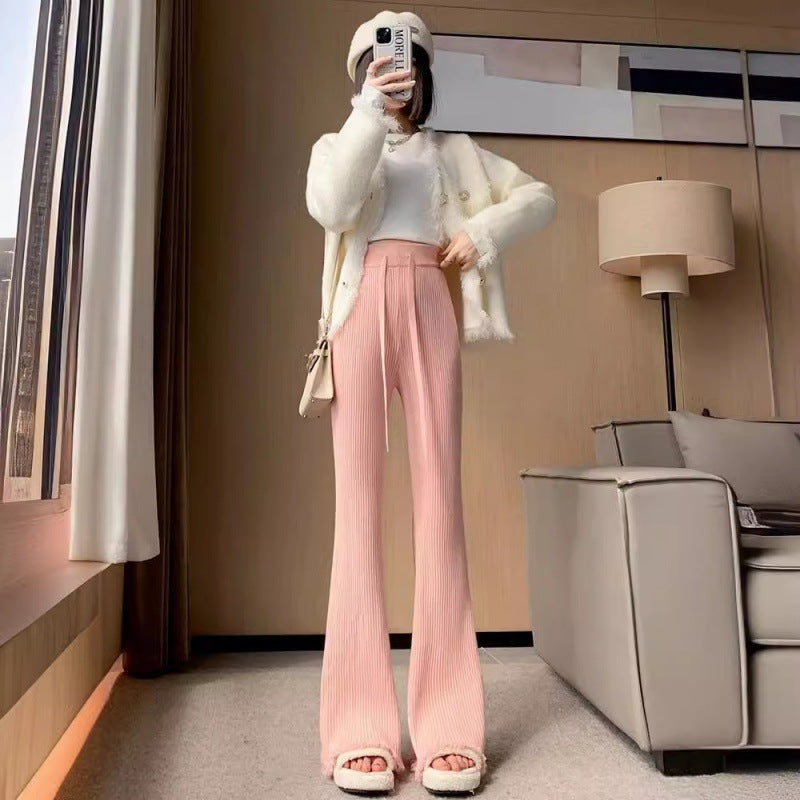 Womens Knitted Thickened High-Waist Straight-Leg Pants
