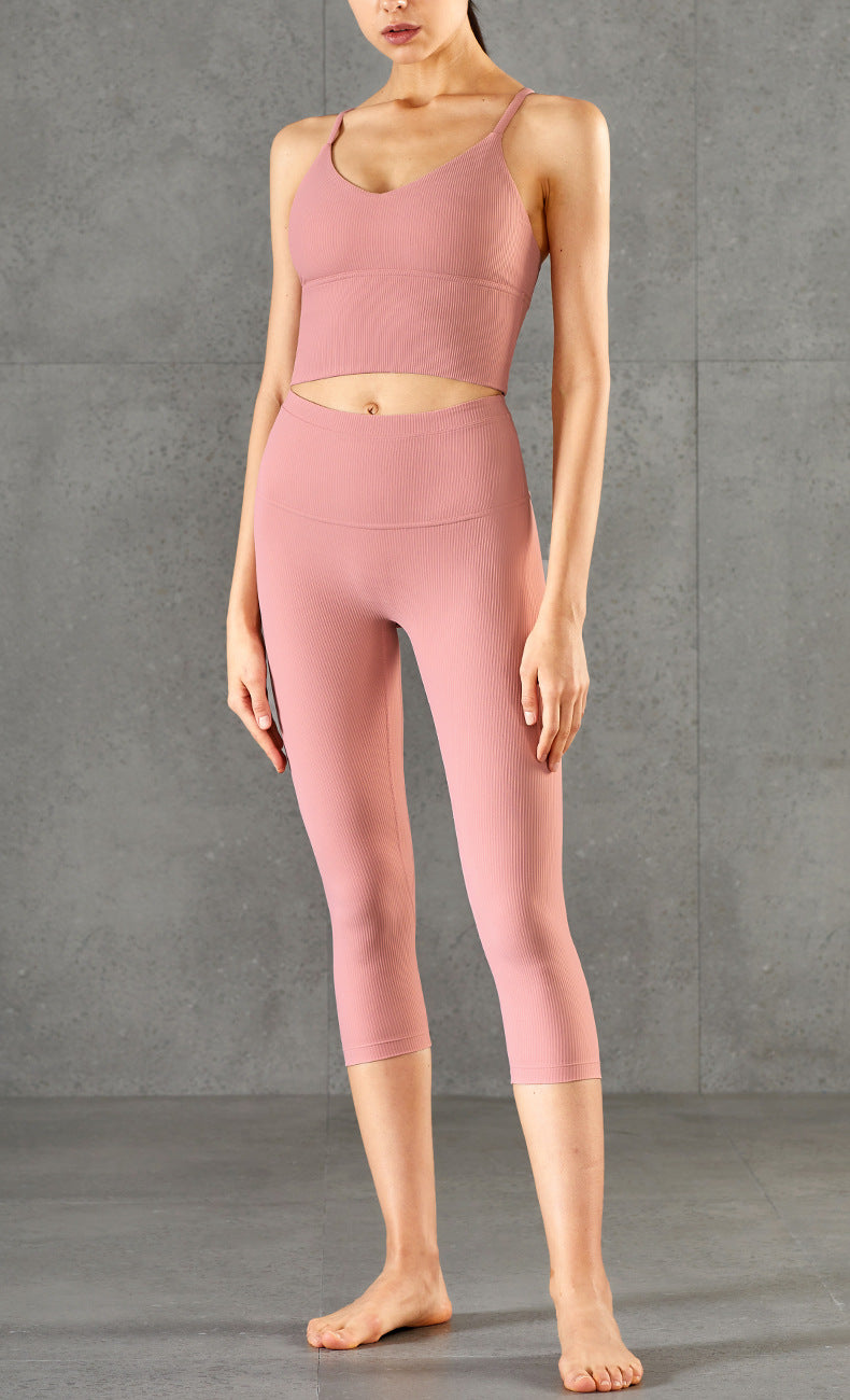 High-waisted Panelled Chunky Striped Knitted Hip-lifting Peach Gym Pants