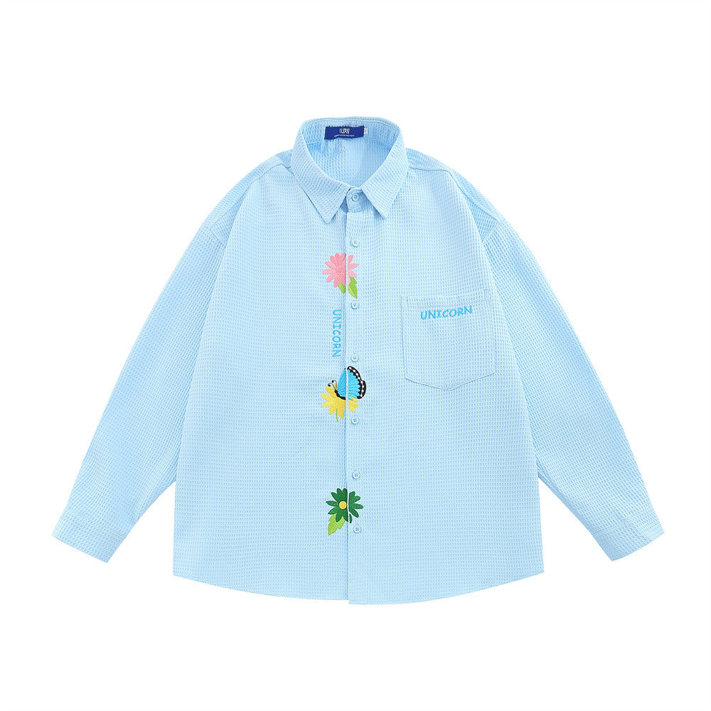 Simple Flower Embroidered Long-sleeved Men's Trendy Fashion Cardigan Casual Loose Waffle Lapel Shirt