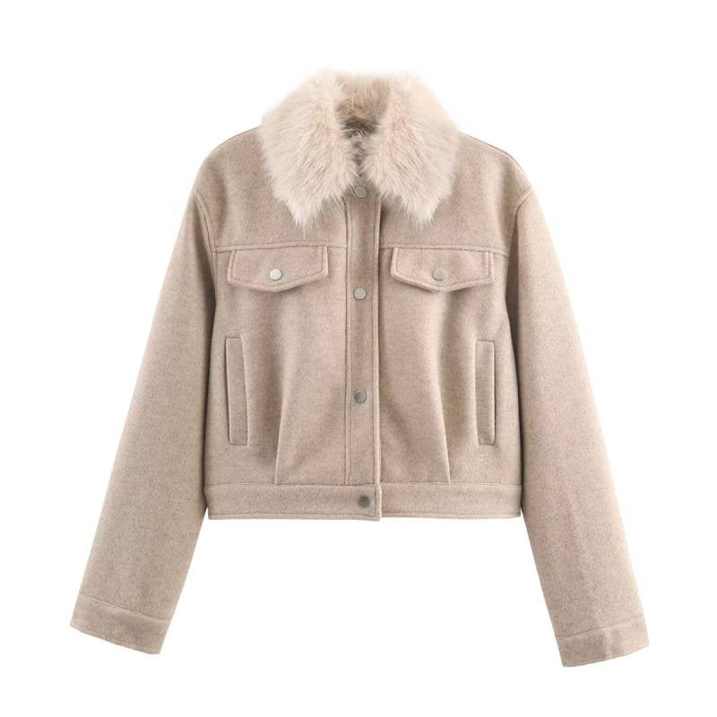 Women's Wool Lapel Single-breasted Long Sleeve Pocket Trim Jacket