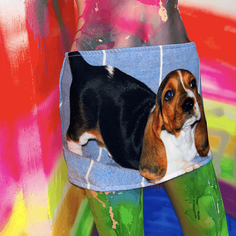 Retro Dog Digital Printed Low Waist Skirt