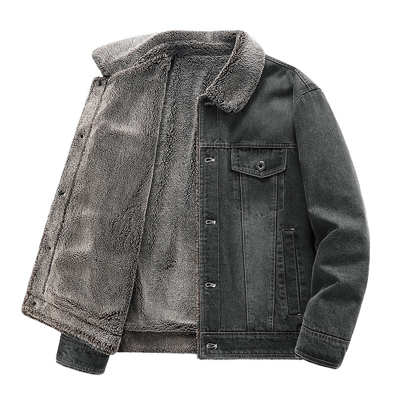 New Men's Denim Fleece-lined Thickened Cotton Clothing Warm Top