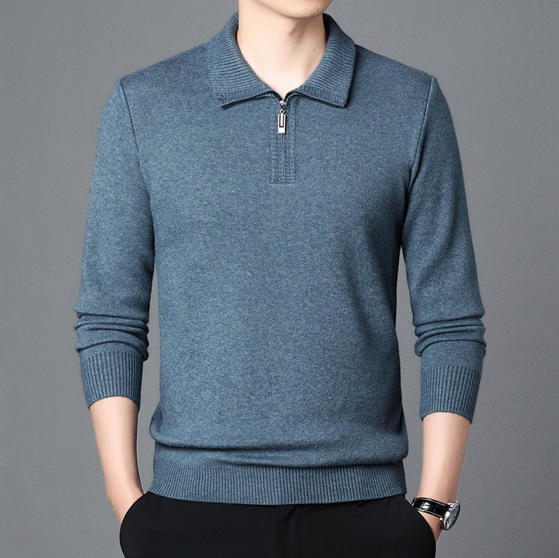 T-shirt Trendy High-end Men's Lapel Pullover Long Sleeve Knitted Sweater 100 Wool