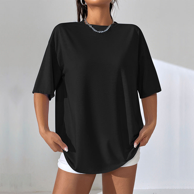 Solid-color Mid-length Loose-fit T-shirt For Women