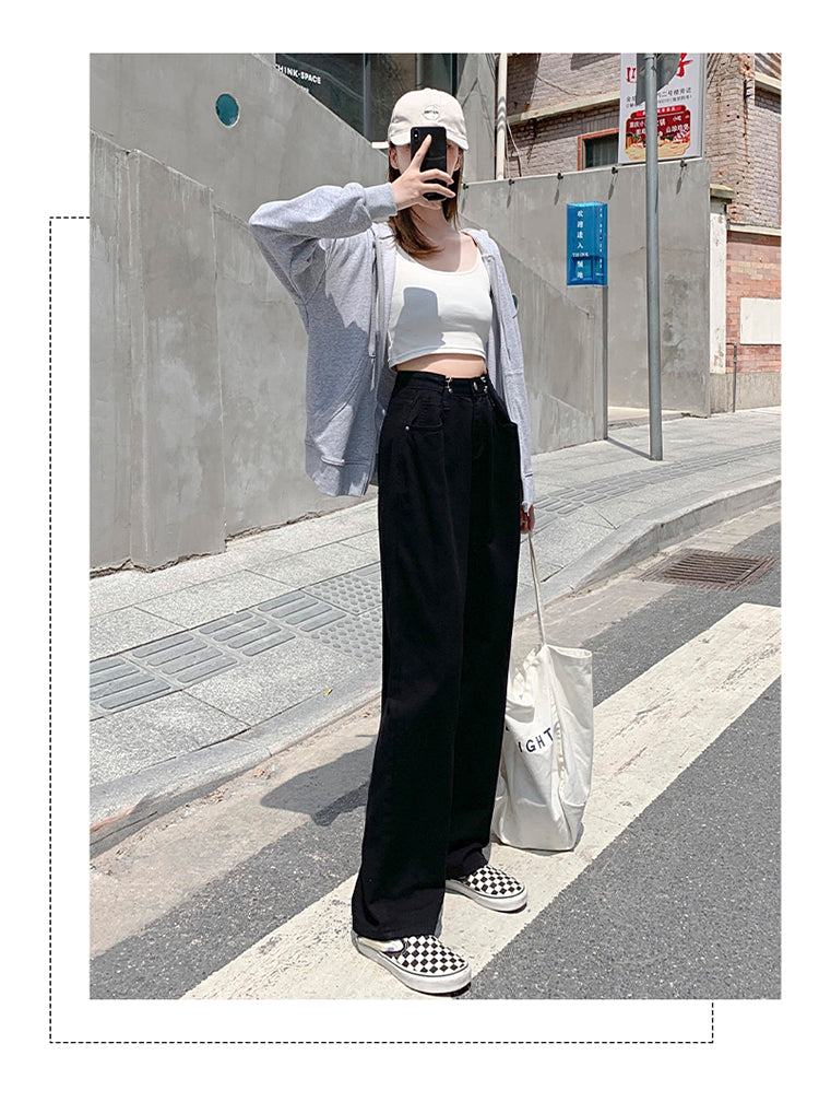 High Waist Adjustable Buckle Straight Wide Leg Mopping Pants