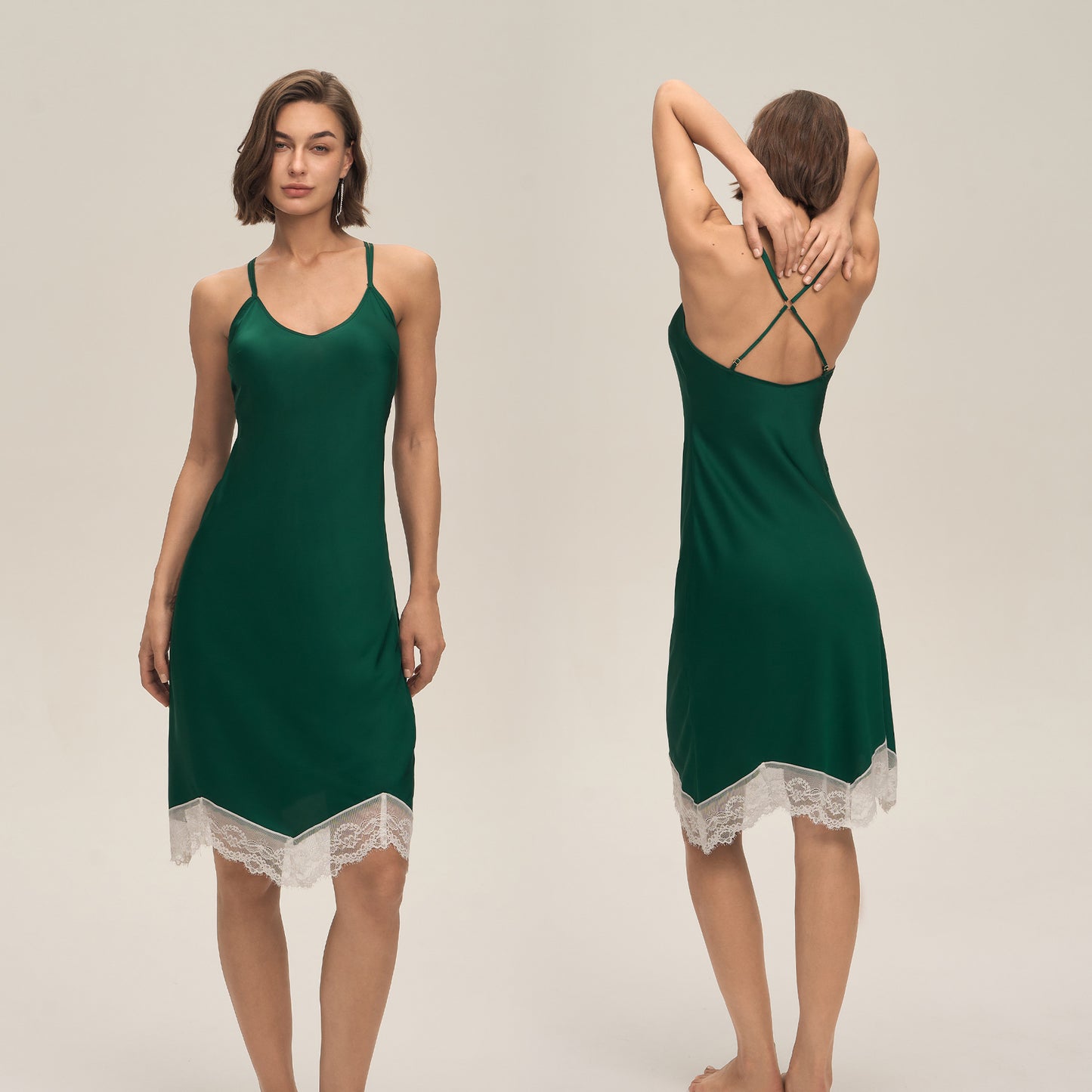 Solid-color Satin Patchwork Lace Backless Camisole Pajamas